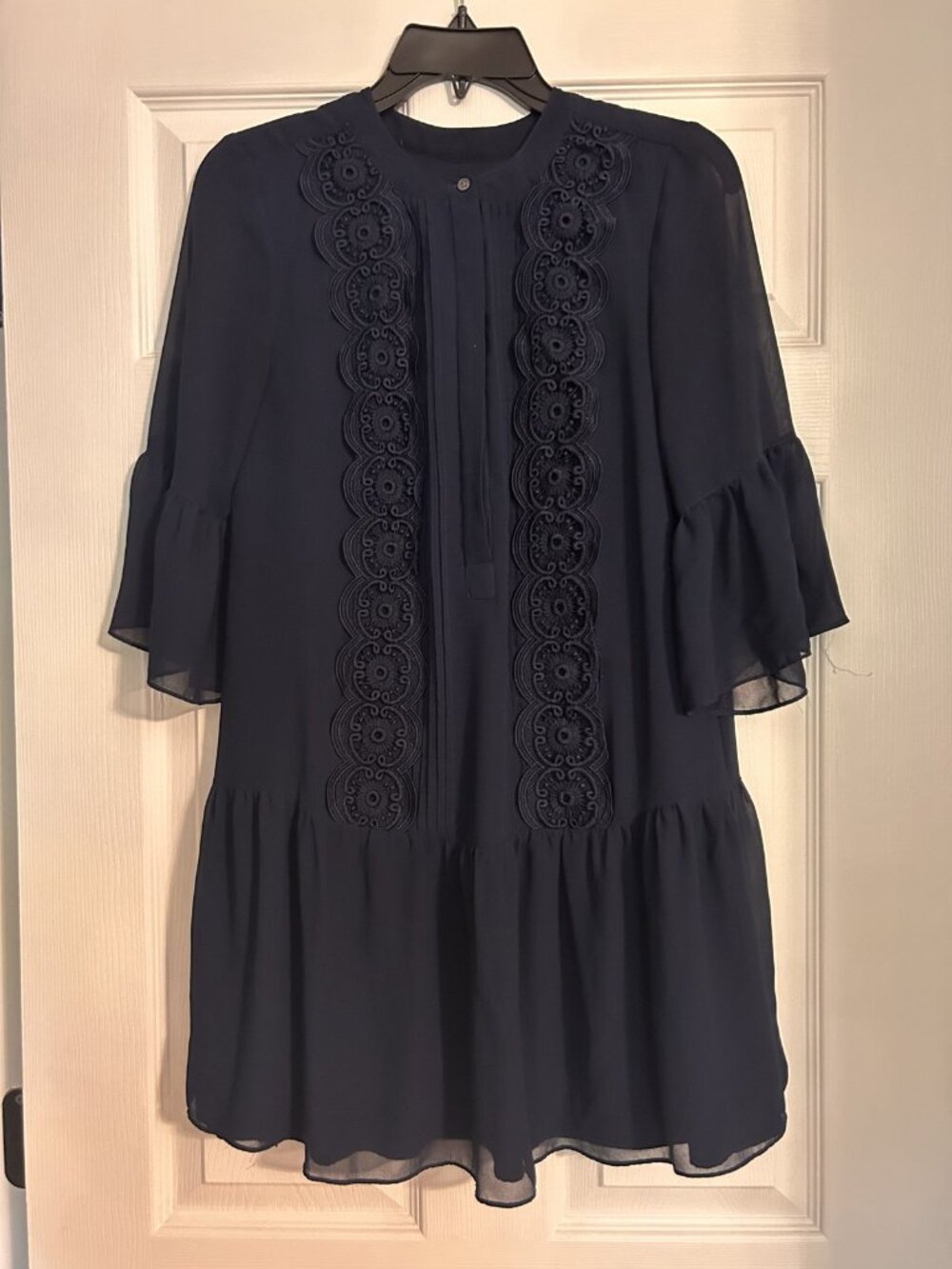 LOFT Navy Embroidered Lace Trim Bell Sleeve Dress